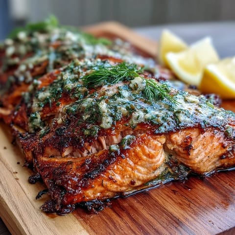 Cedar Plank Salmon with Garlic Dill grilled on aromatic cedar, topped with fresh herbs and lemon slices for a smoky, herby flavor.