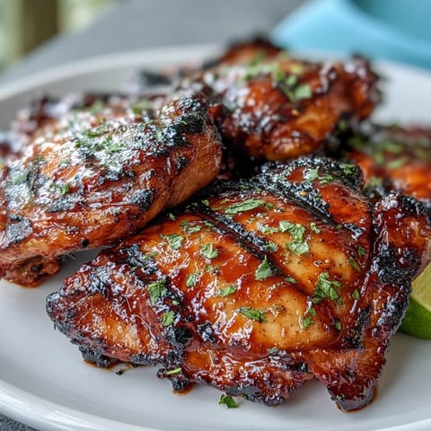 Honey sriracha grilled chicken thighs with caramelized glaze and smoky grill marks, served hot off the barbecue.
