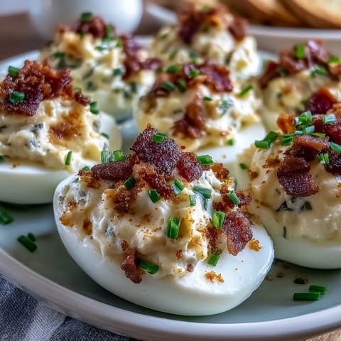 Bacon Ranch Deviled Eggs with crispy bacon and creamy ranch filling, garnished with chives and paprika for a flavorful appetizer.