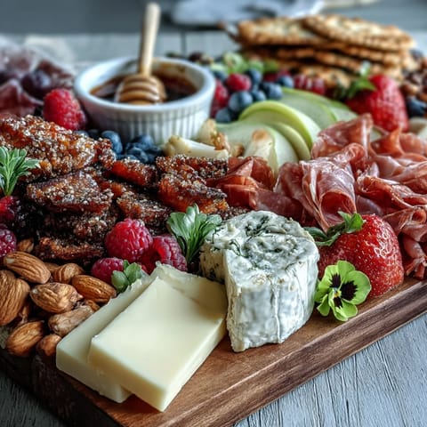 Spring charcuterie board with edible flowers and fruits, arranged with cured meats, cheeses, and vibrant berries for a seasonal appetizer.