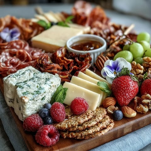 Elegant spring charcuterie board featuring edible flowers, fresh fruits, and a variety of cheeses and meats, perfect for festive gatherings.
