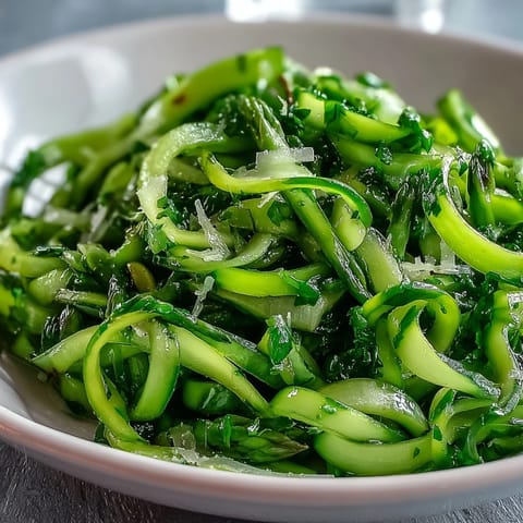 Delicate asparagus ribbons tossed in a tangy lemon dressing and finished with nutty Parmesan for a fresh, Mediterranean-inspired side dish.