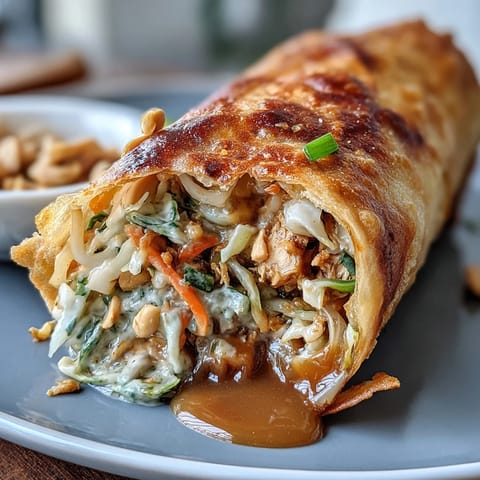 Crispy spring rolls with peanut sauce, golden and crunchy, filled with fresh vegetables and vermicelli noodles.  
