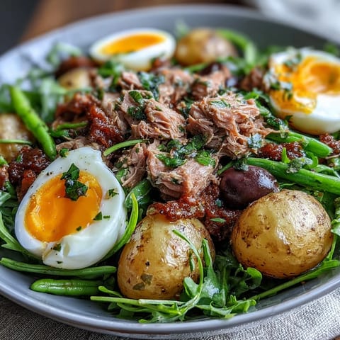 Colorful Niçoise salad featuring seared tuna, crisp green beans, baby potatoes, cherry tomatoes, and olives.  