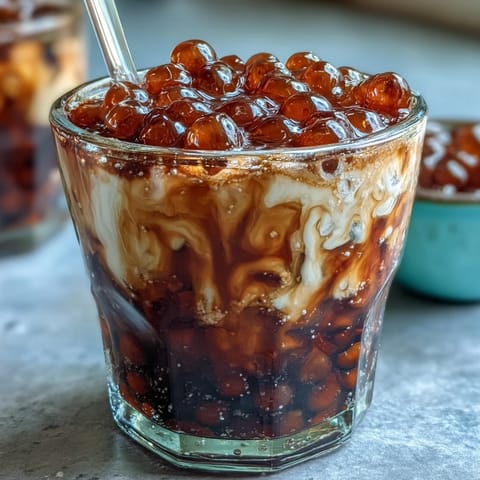 Creamy milk tea with chewy brown sugar boba pearls and rich syrup swirls in a tall glass.  