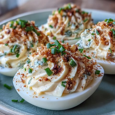 Golden halves of Everything Bagel Deviled Eggs topped with savory seasoning.