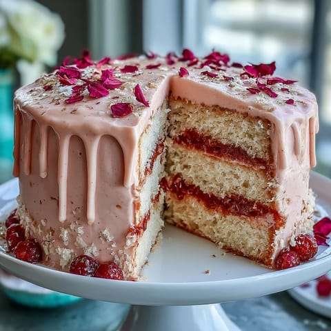 Bridal Shower Rosé Velvet Cake with Gold Drip: Elegant pink velvet cake infused with rosé wine, topped with shimmering gold drip and delicate decorations.  