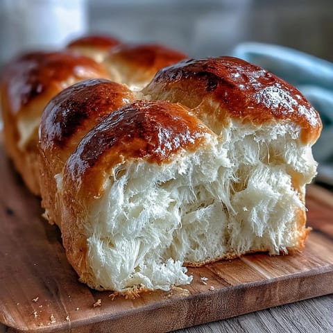 Fluffy Japanese milk bread loaf with golden crust, perfect for soft sandwiches or buttery toast.  