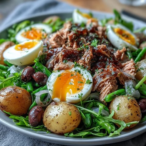 Vibrant Spring Niçoise Salad with tuna, green beans, potatoes, and soft-boiled eggs on mixed greens.  