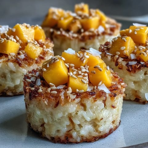 Close-up of Coconut Mango Sticky Rice Cups with vibrant mango topping.