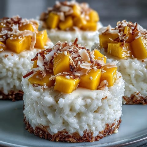Sweet Coconut Mango Sticky Rice Cups finished with toasted seeds and mint.