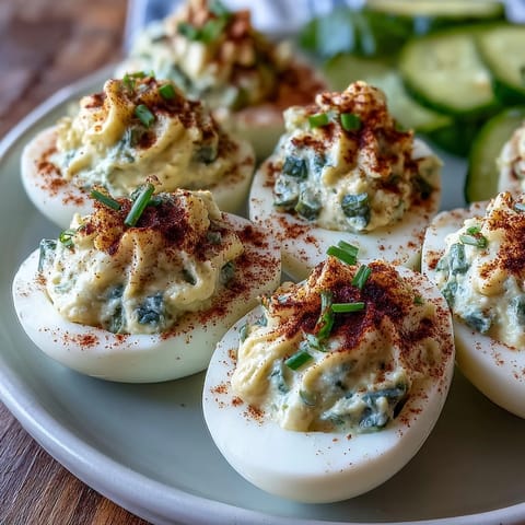Creamy deviled eggs with sweet pickle relish, perfect for your next potluck.