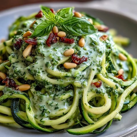 Vibrant Zucchini Noodles with Avocado Pesto ready to be served with optional cherry tomatoes.
