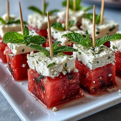 Refreshing watermelon feta bites bursting with sweet and salty, perfect party appetizers.