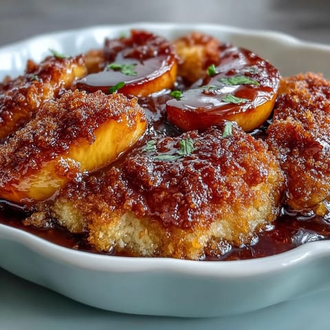Warm, sweet Peach Cobbler with fluffy biscuit topping alongside melting vanilla ice cream.