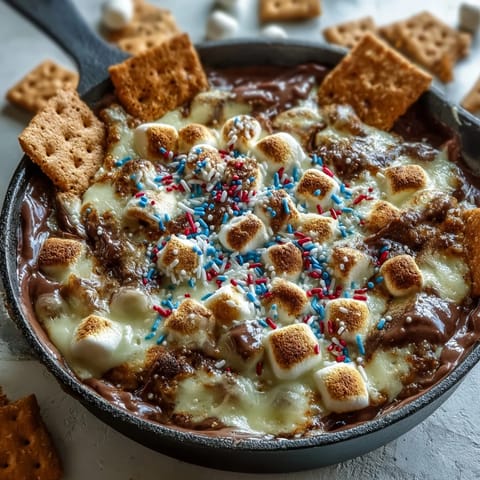 4th of July S'mores Dip: Gooey melted chocolate topped with toasted marshmallows in cast iron.