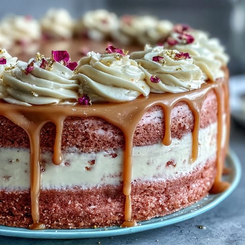 Decadent Bridal Shower Rosé Velvet Cake, adorned with glossy gold drizzles.