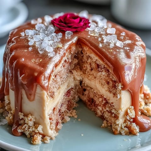 Soft rosé velvet cake with glossy gold drip, perfect for celebrations.