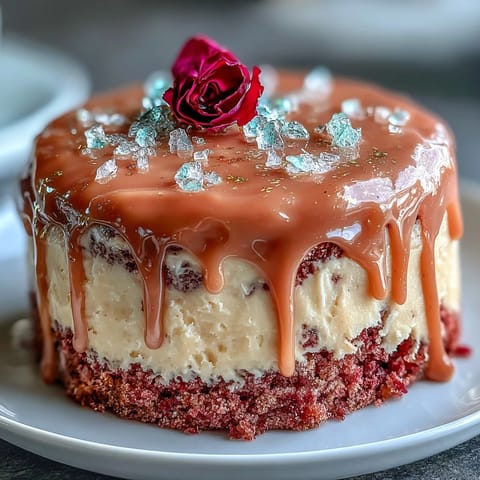 Elegant pink Bridal Shower Rosé Velvet Cake adorned with shimmering gold drip.