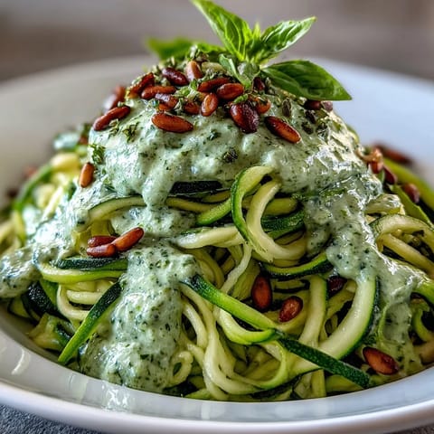 Zucchini Noodles with Avocado Pesto: Freshly tossed spiralized zucchini coated in creamy green pesto.