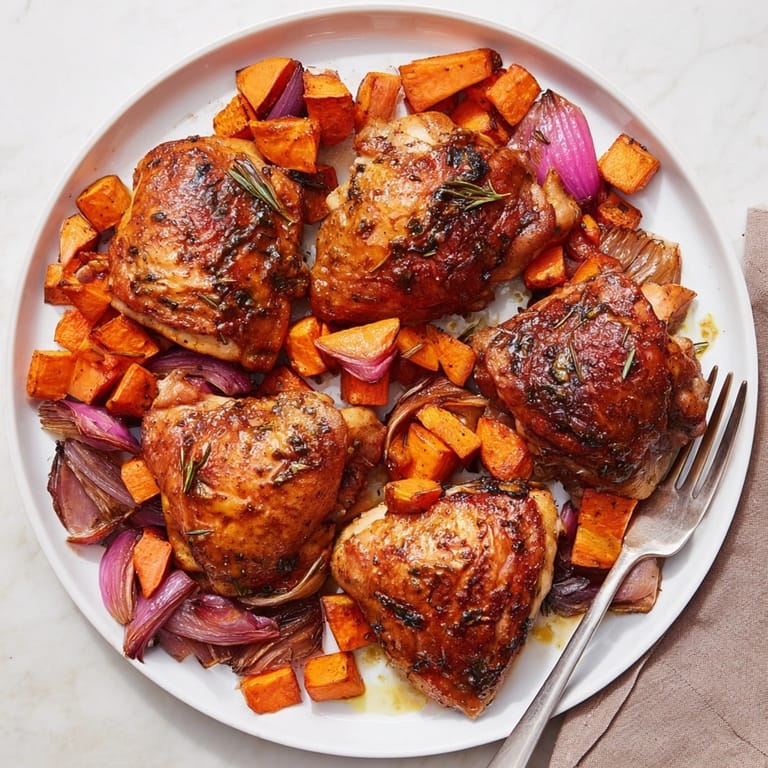 Close-up of juicy Honey-Glazed Chicken with crispy skin and caramelized root vegetables, ready to serve.