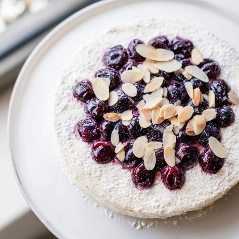A close-up view of the delicious Soft Sweet Plum-Infused Almond Cake, ready to be sliced and served.
