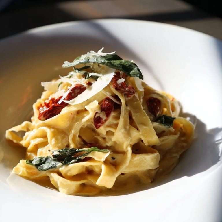Steaming hot bowl of One-Pot Creamy Tuscan Garlic Herb Pasta, ready to savor its flavors and herbs.