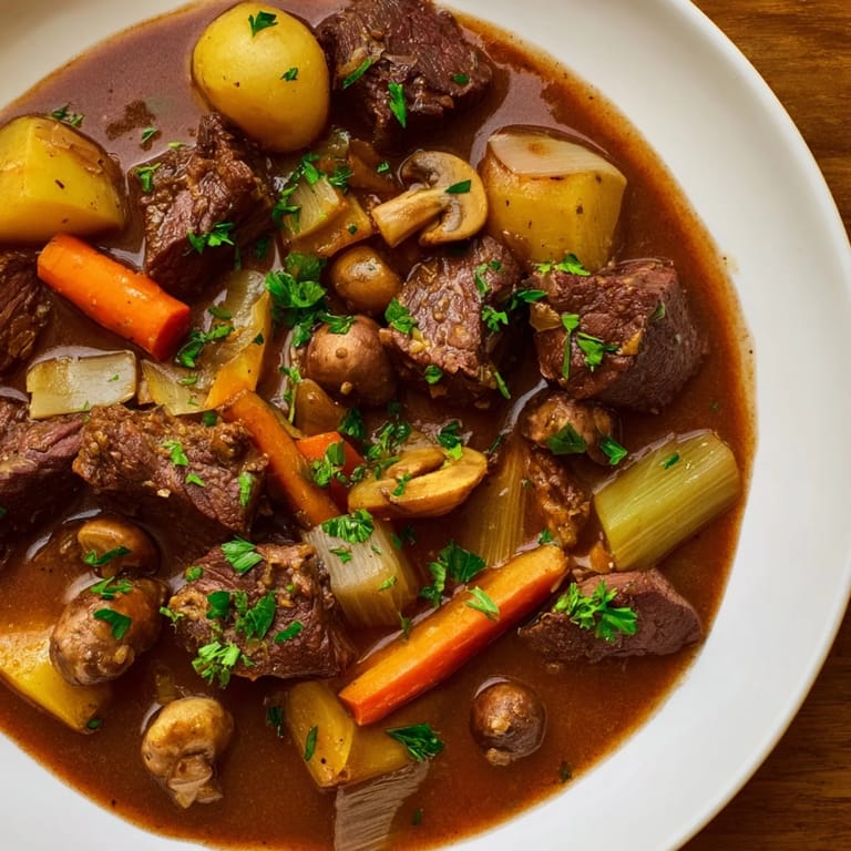 Close-up of hearty earthy beef stew with tender vegetables and crusty, fresh bread.