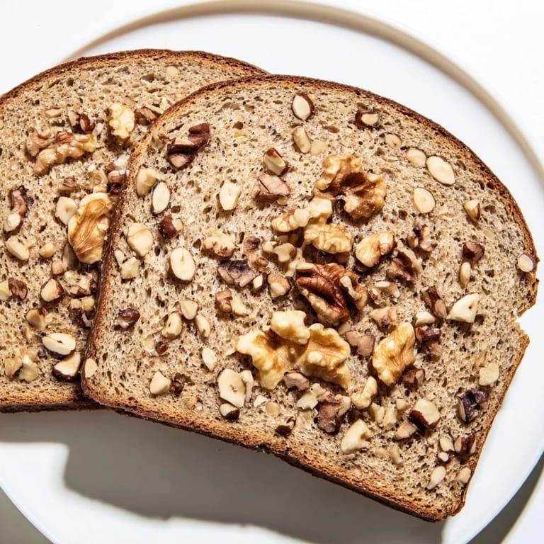 Close-up of the textured inside of the Nutty Whole Wheat Loaf Bread, with visible chopped nuts.
