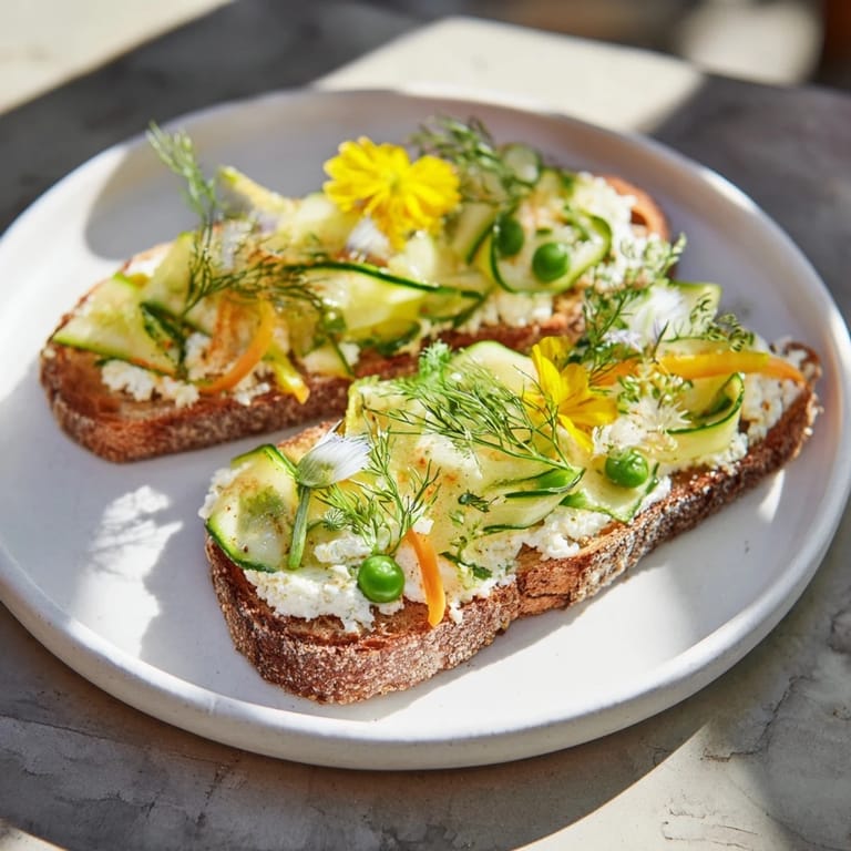 Enjoy a delicious bite of Fresh Meadow-Inspired Garden Vegetable Tartines, a healthy main dish bursting with flavors.