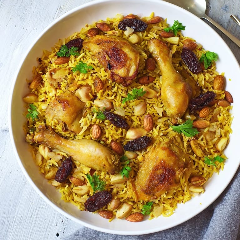 Steaming saffron chicken and rice pilaf with tender chicken, fluffy rice, and toasted almonds.