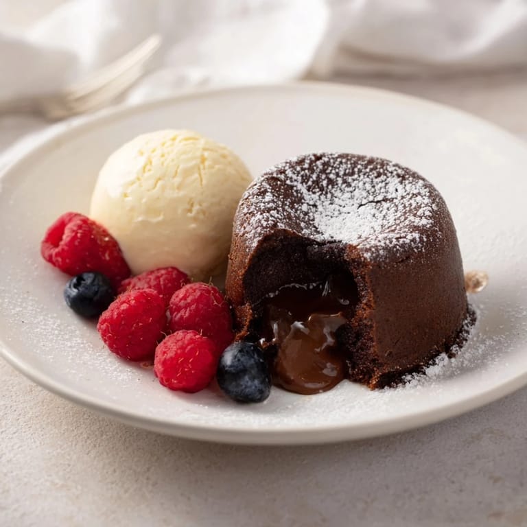 These delicate cocoa-warm dark chocolate lava cakes are drizzled in powdered sugar for elegance.