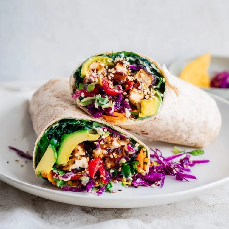 Close-up of a Poppy-Inspired Chicken Salad Wrap, showing the juicy chicken and fresh ingredients inside.