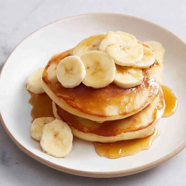 Stack of golden Weekend Golden-Brunch Banana Pancakes with sliced bananas and a luscious maple syrup cascade.