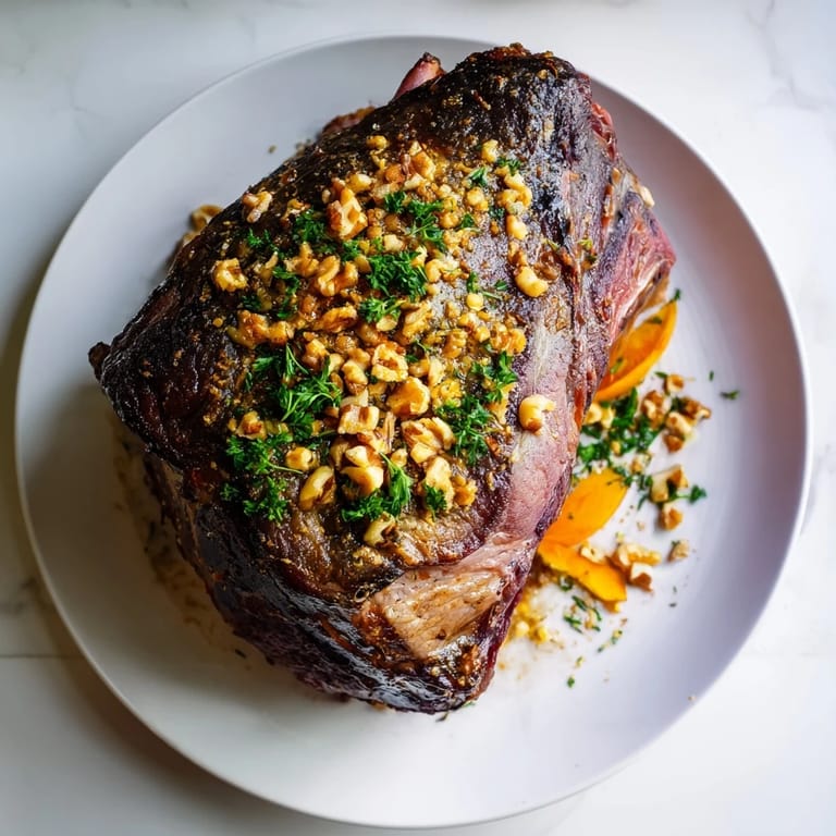 Close-up of seared thyme and pecan crusted pork tenderloin, showcasing perfect juicy medallions on a plate.