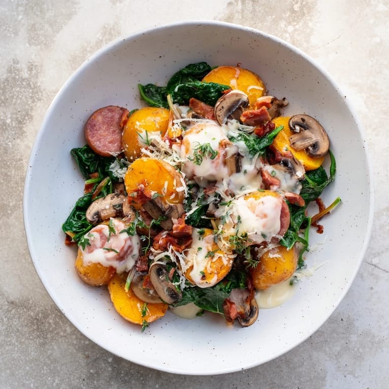 Up close view of a warm skillet of Woodsy Skillet Sausage and Mushroom Gnocchi, highlighting the hearty sausage.