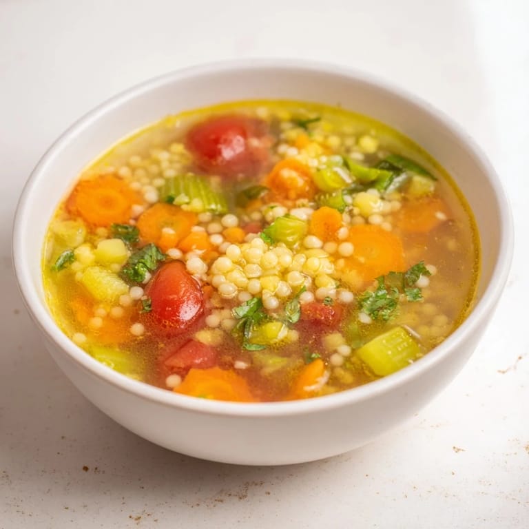 Close-up of a rustic bowl filled with Simple Homemade Grain and Vegetable Soup, garnished with fresh parsley and lemon.