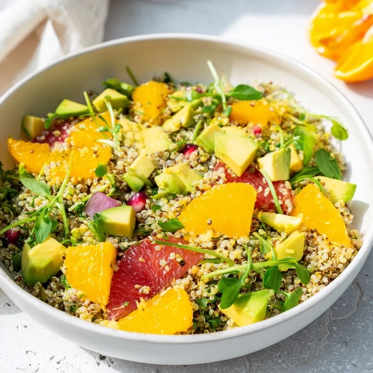 Fluffy quinoa combined with vibrant oranges in this Fresh Citrus & Avocado Quinoa Bowl looks inviting.