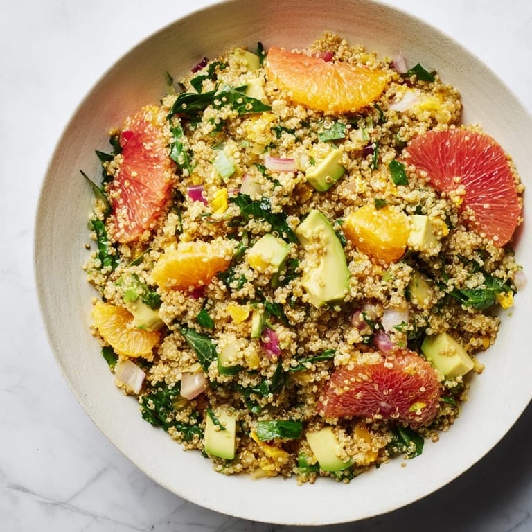Enjoy a refreshing plate of Fresh Citrus & Avocado Quinoa Bowl, full of citrus fruit, fresh herbs, and healthy ingredients.