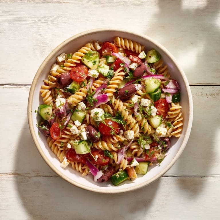 Enjoy a refreshing bowl of Mediterranean Olive Oil and Feta Pasta Salad, perfect for summer eating.