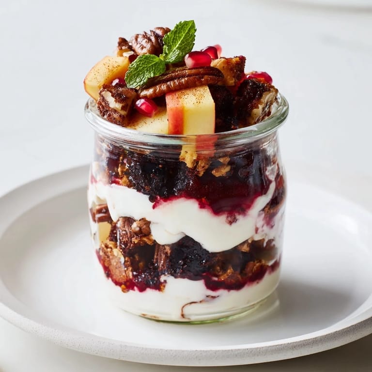 A Christmas pudding yogurt parfait bar showcasing holiday flavors with spiced pudding crumbles and granola.