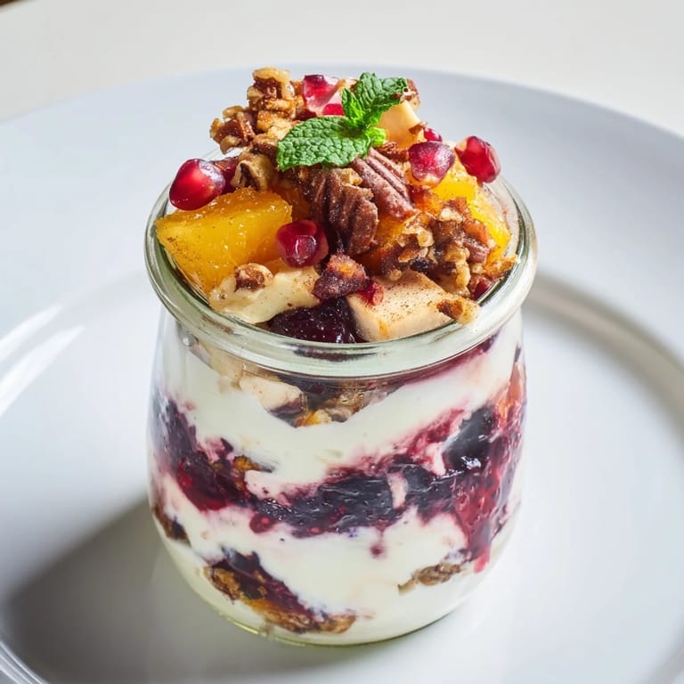 Elegantly layered Christmas pudding yogurt parfait bar, perfect for a festive brunch, featuring fresh fruit.