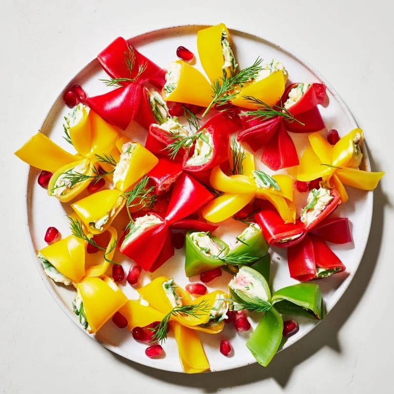 Vibrant red, green, and yellow bell pepper Christmas bows filled with creamy, herbed cream cheese.