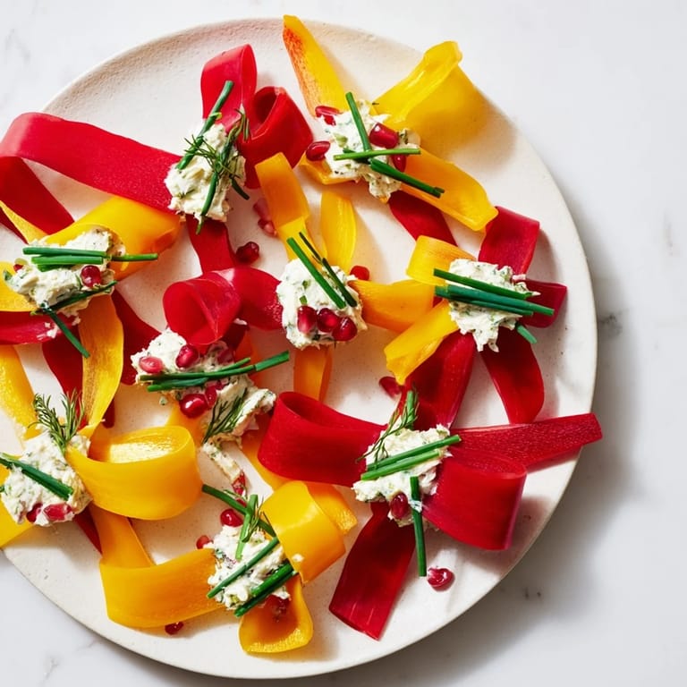 Close-up of freshly made Bell Pepper Christmas Bow Appetizer, garnished beautifully on a table for serving.