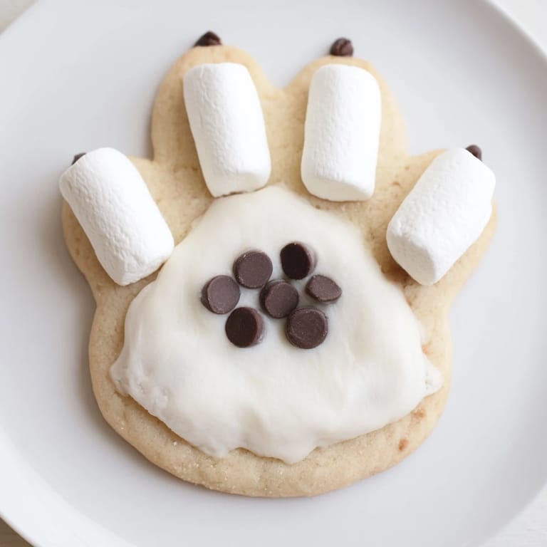 Freshly baked Polar Bear Paw Print Cookies, perfect for a children's party, arranged on a tray.