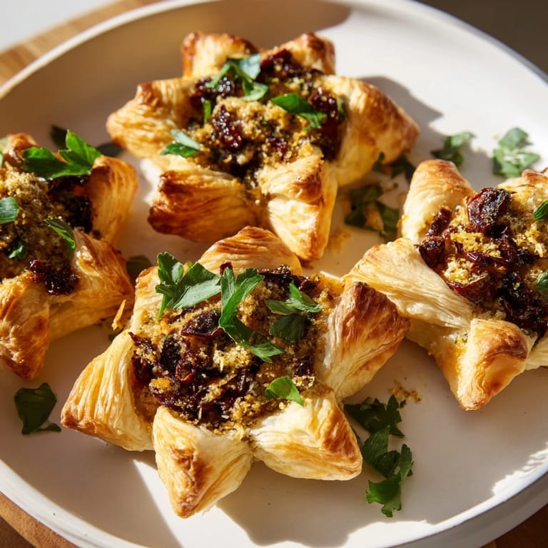 Close-up of baked olive and sundried tomato star garland, garnished with fresh herbs, ready to serve.