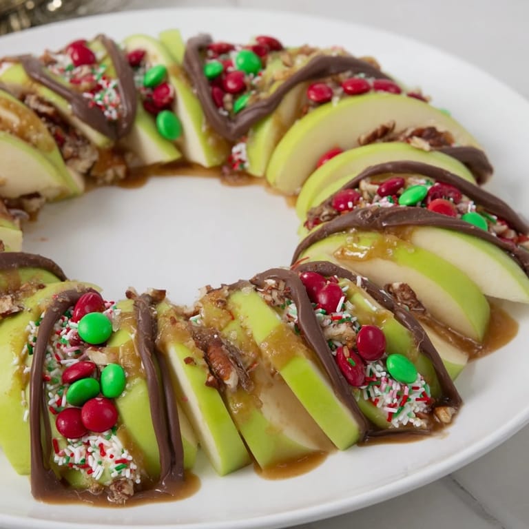 Enjoy a deliciously handcrafted Caramel Apple Slice Christmas Wreath, featuring crispy apples and a delightful chocolate drizzle for dessert.