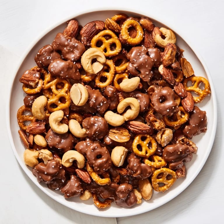 Homemade salted caramel pretzels and nuts, baked until golden brown for an irresistible treat.
