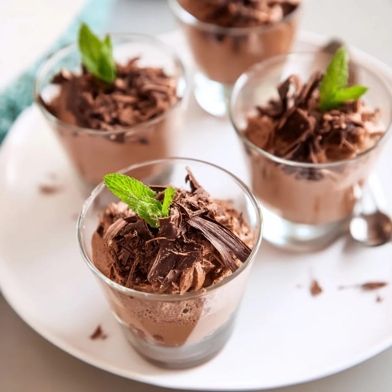 Smooth, rich chocolate mousse dessert cups, a French delight, perfectly chilled and ready to enjoy.