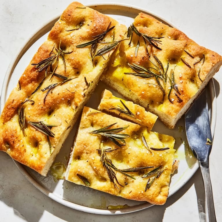 Close-up of a beautifully textured Holiday Bread focaccia, showcasing olive oil, rosemary, and flaky sea salt.